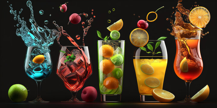 Fruit falling into a collection of cocktails in glasses. Generative AI