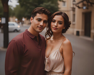 Obraz premium Photographic portrait of a young heterosexual couple with tanned skin on a street with old buildings and cars circulating in the evening