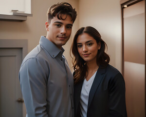 Portrait of a young heterosexual Latinx couple in the interior of a house posing for a photograph