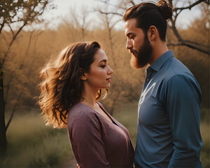 Photographic portrait of a young heterosexual American couple among forest trees, looking into each other's eyes, and holding hands