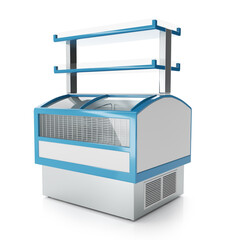 Refrigerated display cases for frozen products in a supermarket. 3d illustration