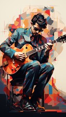 Obraz premium Guitarist in the style of bright geometric abstractions by Generative AI