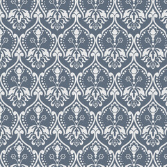 Muted dusty blue and gray Damask pattern in a repeating pattern and modern colors for backgrounds, backdrops and design elements.