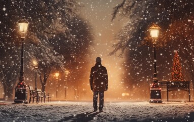 persona tra le luci la neve in strada a natale - obrazy, fototapety, plakaty
