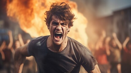 Young angry man screaming on smoky background, concept of protest, furious, entitle opinions. - obrazy, fototapety, plakaty