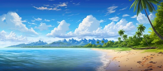 In the summer travelers venture to the beach where the clear blue ocean meets the golden sand and lush green grass creating a stunning landscape filled with towering trees fluffy clouds and 