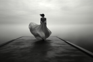 A woman in a white tulle dress walks towards the fog. Black and white, depressing, monotonous, sad.