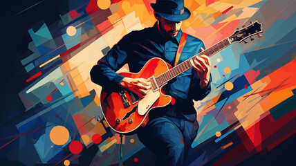 Guitarist in the style of bright geometric abstractions by Generative AI - obrazy, fototapety, plakaty