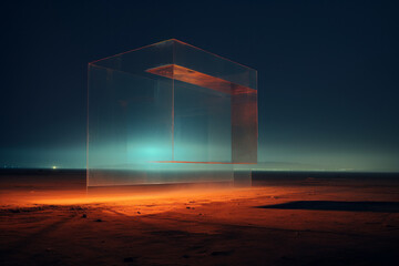 A surreal glass art installation in the middle of a wasteland with city lights in the background.
