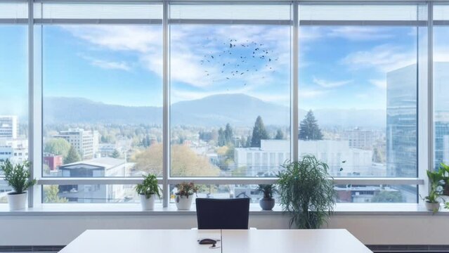 Cozy modern office space by the window with a beautiful view. seamless looping  time-lapse virtual video animation background. Generated AI