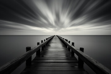 Old wooden dock in black and white.