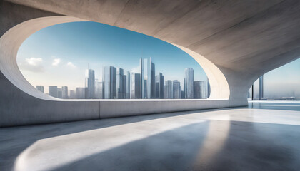 3d render of abstract indoor architecture with empty concrete floor on cityscape background.