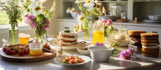 Fototapeta na wymiar In the background of a sunny summer morning the kitchen was filled with the sweet aroma of freshly baked floral cakes and the vibrant colors of fruity breakfast dishes accompanied by a book 