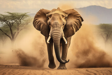 African elephant (Loxodonta africana) in front of a desert sandstorm, Africa, AI Generated