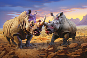Fototapeta premium Two wild rhinoceros fighting, Asia, AI Generated