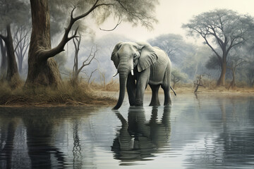 African elephant (Loxodonta africana) crossing a stream in the savannah, Africa, AI Generated