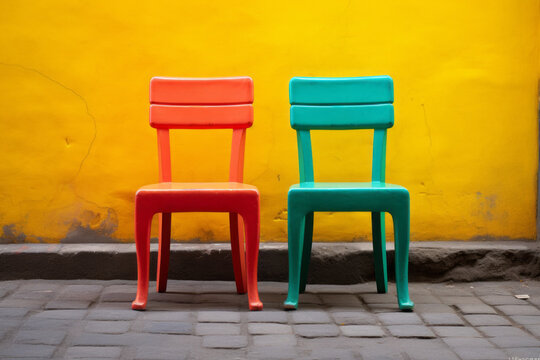 Vintage chairs in front of a shabby colorful wall on a sunny day. Relaxation, travel, Mediterranean and summer concept.