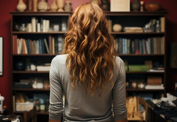 red-haired girl stands in front of a vintage cabinet with printed books in an apartment, view from the back.