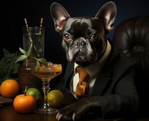 A black French Bulldog in formal clothes and a jacket and tie sits with a glass of alcoholic cocktail with ice in a bar or office. Celebration concept