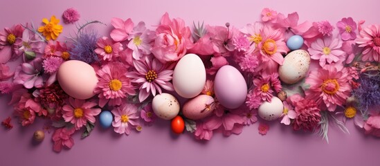 Fototapeta na wymiar In a modern and creative design concept a background of pink and colorful tones sets the perfect holiday atmosphere for an Easter card With a top view showcasing a beautifully crafted egg a