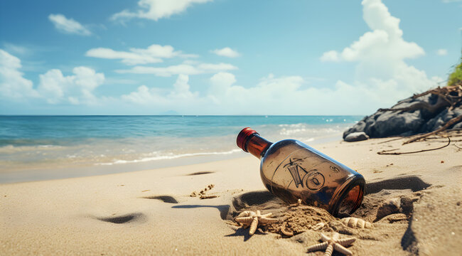 Old bottle of rum washed out at sea shore. Buried in sand for years.