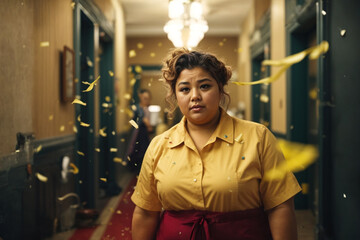 Cleaning lady or maid in a hotel surrounded by golden confetti. Cleaning after the corporate party. Tired, dissatisfied woman