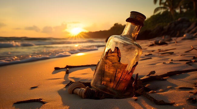 Old bottle of rum washed out at sea shore. Buried in sand for years. Beautiful sunset.