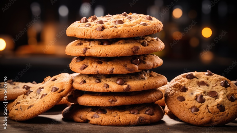 Poster  a stack of chocolate chip cookies sitting on top of a wooden table next to a pile of chocolate chip cookies.  generative ai