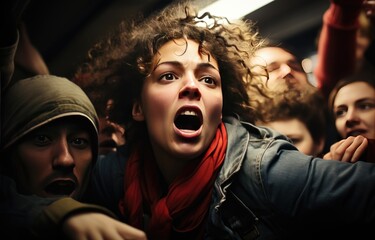 Crowd in the subway at rush hour, scene of a breakdown or terrorist attack, the crowd is screaming and afraid