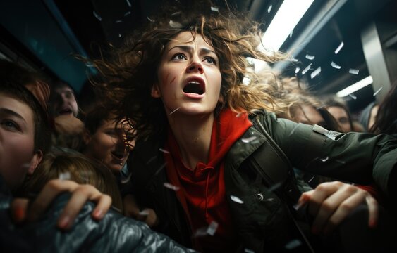 Crowd in the subway at rush hour, scene of a breakdown or terrorist attack, the crowd is screaming and afraid