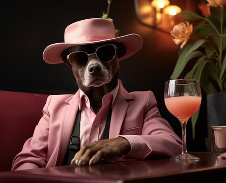 beagle dog in a suit and tie and a man's hat - all in shades of pink, a jacket, a tie and tinted glasses, sits with a glass of an alcoholic cocktail with ice in a bar or office.