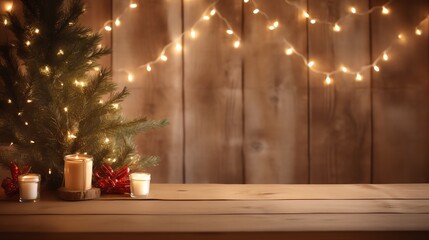 Warm winter Christmas background with illuminations, lights, Christmas tree. Wooden table. Copy space. Generative ai technology
