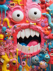 Toy Plastic Creepy Monster Face with Big Teeth Scary Pink