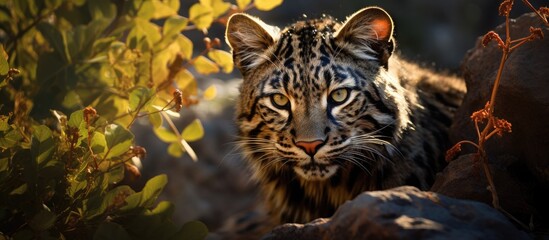 In the untouched wilderness a large predatory cat a magnificent carnivorous mammal poses for a stunning portrait amidst the captivating beauty of nature embodying the essence of wildlife an