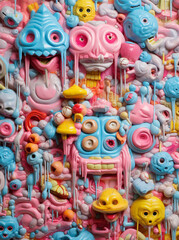 Fototapeta na wymiar Toy Plastic Creepy Monster Face with Big Teeth Scary Pink