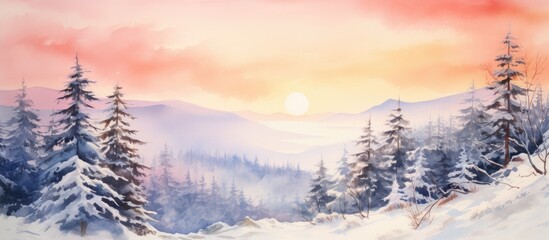 I created a stunning watercolor painting of a serene landscape capturing the beauty of snow capped mountains and frost kissed fir and spruce trees as the warm hues of the sunrise and sunset - obrazy, fototapety, plakaty