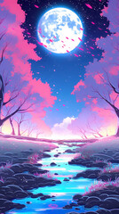 Hand drawn anime beautiful fantasy landscape illustration background	
