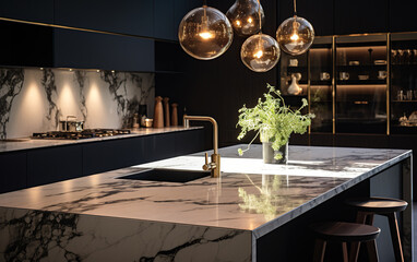 A luxury modern kitchen of an apartment with marble countertops - obrazy, fototapety, plakaty