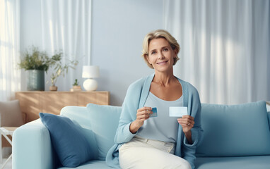 A middle-aged woman wearing a light blue clothes and holds credit card in her hands - obrazy, fototapety, plakaty