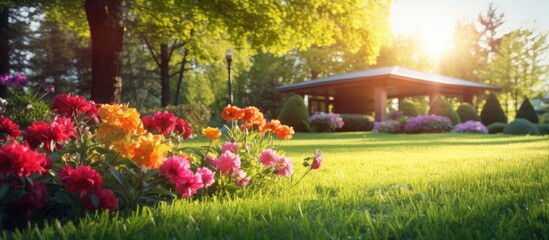 In the spring with a lush green grass background colorful flowers bloom under the vibrant sun in the nature filled garden creating a picturesque scene of health and vitality