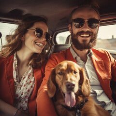 Happy family with their dog in the car.