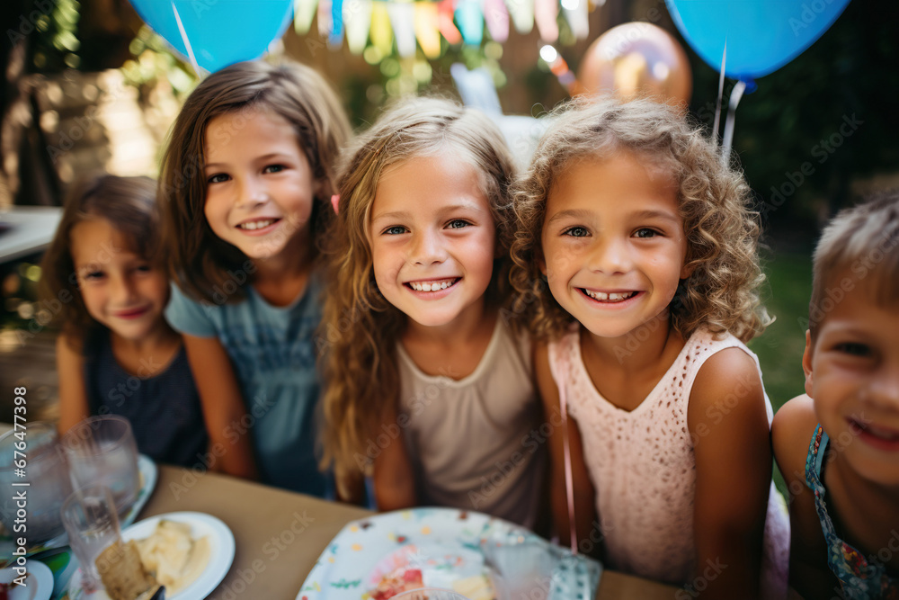 Wall mural close up photo of a group of small and big kids at a backyard birthday party