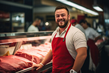 Close up candid photo of a handsome happy fat young muscular butcher man, standing at meat counter