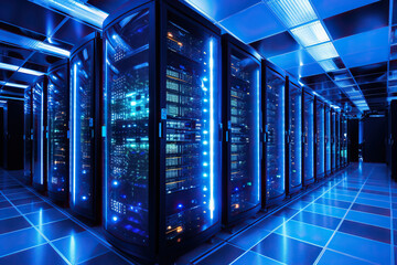Close up of a modern data center with racks of servers, cooling systems, and technicians managing the digital infrastructure that powers our interconnected world - obrazy, fototapety, plakaty