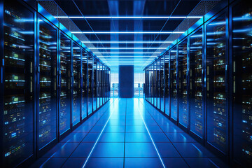 Close up of a modern data center with racks of servers, cooling systems, and technicians managing the digital infrastructure that powers our interconnected world