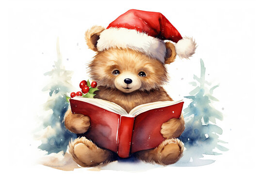 Christmas bear reading a book, isolated on a white background