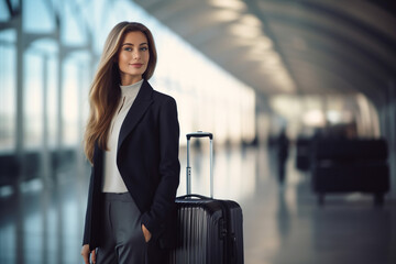 Close-up of a businesswoman with a suitcase in the modern futuristic airport