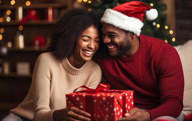 Obraz na płótnie Canvas African American Couple creating happy memories on Christmas morning