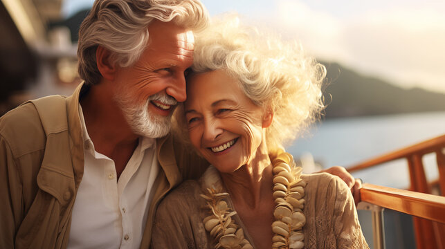 Candid photo of the elderly couple tourists, embracing on the open deck of a luxury cruise ship. Concept of active age
