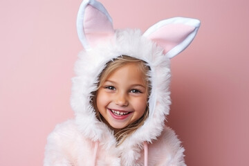 Cute Young girl Dressed as a Bunny for Halloween on an Pink Banner with Space for Copy